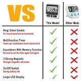 KTKUDY Digital Kitchen Timer with Mute/Loud Alarm Switch ON/Off Switch, 12-Hour Clock & Alarm, Memory Function Count Up & Count Down for Kids Teachers Cooking, Large LCD Display, Strong Magnet (Black)