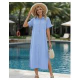 HOTOUCH Women Solid Color Dress Short Sleeve Button Down Comfy Dress Summer Side Slit Linen Shirts Dresses with Pockets Light Blue XL - Retail: $37