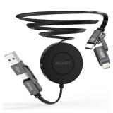 AGVEE 0.3ft Fixed / 2.3ft Extend 4 in 1 Multi USB Charger Cable Mountable One Way Retractable 60W Fast Charging Cord, Pocket-Sized for iPhone 16 15 14 13 12 11, Samsung, Android, Desk Organizer, Black