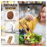 Hushee Glass Salad Bowl Salad Serving Bowl with Acacia Wood Base and Serving Utensils for Vegetables Fruit Dessert Popcorn Chips Pasta