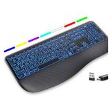 Large Print Backlit Wireless Keyboard Silent Keyboards with Wrist Rest, 7-Color Light up, Quiet Low Profile Keys, 2.4G Wireless Rechargeable Full Size Keypad for Computer Laptop Windows, Black - Retai