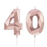 Nuanchu 40th Birthday Candles, Number 40 Happy Birthday Cake Topper 3D Diamond Shape Numeral Sparkler Candles for Men Women Party Wedding Decoration Theme Party (Rose Gold) - Retail: $6