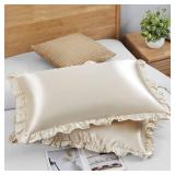 SiinvdaBZX Ruffled Queen Satin Pillowcase Set of 2, Beige Silky Satin Pillow Cases for Women Ruffle Pillow Shams Covers Princess Room Decoration, with Envelope Closure - Retail: $11
