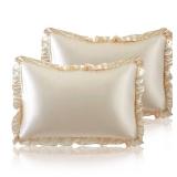 SiinvdaBZX Ruffled Queen Satin Pillowcase Set of 2, Beige Silky Satin Pillow Cases for Women Ruffle Pillow Shams Covers Princess Room Decoration, with Envelope Closure - Retail: $11
