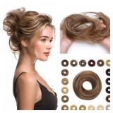 Rich Choices Human Hair Messy Bun Hair Piece, 100% Remy Human Hairs Bun HairPiece for Women,Chignon Fluffy Donut Updo,Hairpiece with Elastic Rubber Band Straight #4P27 Medium Brown Mix Dark Blonde - R
