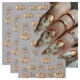 Gold Nail Art Stickers 3D Self-Adhesive Golden Foil Leaf Nail Decals Nail Art Supplies 3PCS Metallic Totem Leaves Summer Nails Design Embossed Sticker Manicure Sliders for Women DIY Nail Decorations -