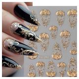 Gold Nail Art Stickers 3D Self-Adhesive Golden Foil Leaf Nail Decals Nail Art Supplies 3PCS Metallic Totem Leaves Summer Nails Design Embossed Sticker Manicure Sliders for Women DIY Nail Decorations -