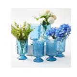 6 Pcs (H:7" W:4") Embossed Flower Vase Pedestal Glass Vase Big Base Thickened Crystal Vintage Vases for Valentines Day Wedding Home Decor Table Centerpiece House Warming Gifts(Blue)