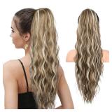 HOOJIH Ponytail Extension, Drawstring Ponytail Hair Extensions 26 Inch Long Curly Wavy Ponytail Natural Wavy Synthetic Hairpiece for Women Daily Use - Deep Blonde with Blonde highlights