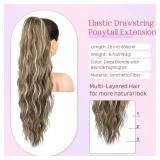 HOOJIH Ponytail Extension, Drawstring Ponytail Hair Extensions 26 Inch Long Curly Wavy Ponytail Natural Wavy Synthetic Hairpiece for Women Daily Use - Deep Blonde with Blonde highlights