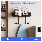 Ironing Board Holder Wall Mount, Metal Ironing Board Hanger, T/V Shaped Space Saving Iron and Iron Holder, Laundry Room Decor and Storage with Large Storage for Laundry/Living Room/Bathroom - Retail: 