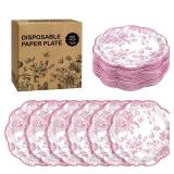 Kochorie 100 Pieces Pink Flower Paper Plates 7 Inches Disposable Floral Paper Plates Scalloped Pink and White Chinoiserie Vintage Flower Dessert Plates for Wedding Birthday Holiday Party Supplies - Re
