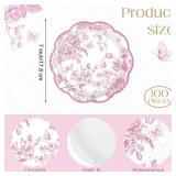 Kochorie 100 Pieces Pink Flower Paper Plates 7 Inches Disposable Floral Paper Plates Scalloped Pink and White Chinoiserie Vintage Flower Dessert Plates for Wedding Birthday Holiday Party Supplies - Re