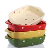 AVLA Set of 4 Ceramic Small Casserole Dishes, 7"x5" Porcelain Roasting Lasagna Pan, Individual Casserole Dishes Bakeware with Handle Rectangular Dish, Ceramic Baking Dish for Oven, 20 Oz, Polka Dot, A