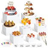 8 Pcs White Buffet Risers with Mini Table Sign, Serving Tongs, Acrylic Food Risers for Buffet Table Display Stand Shelf for Party Catering Dessert Jewelry Collectibles (Size 9" 8" 7" 6" 5" 5" 4" 4") -