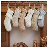 steo spce 6 Pack Vintage Knit Christmas Stockings White Beige Apricot Rustic Boho Farmhouse Cable Knitted Holiday Set, 3 Large 18 and 3 Small 15 Neutral Stockings (Linen Color) - Retail: $39