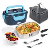 SOHIDA Electric Lunch Box, 12V/24V/110V Portable Food Warmer with SS Fork & Spoon for Car/Truck/Office, 80W Self Heating Lunch Box with 1.5L 304 Stainless Steel Container & 0.45L PP Fruit Box Sky Blue