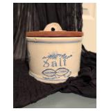 Blue and White Salt Crock with Wooden Lid