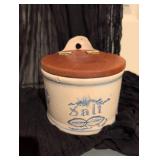 Blue and White Salt Crock with Wooden Lid