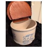 Blue and White Salt Crock with Wooden Lid
