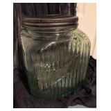 Vintage Large Green Glass Storage Jar with Wooden Handle