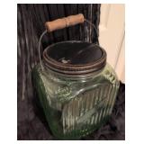 Vintage Large Green Glass Storage Jar with Wooden Handle