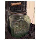 Vintage Large Green Glass Storage Jar with Wooden Handle