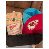 Miller High Life and Kansas City Chiefs Fan beaded pillow Collection in basket