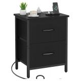 Vagusicc Nightstand with Charging Station, Bedside Table with USB Ports and Outlet, End Table Side Table with 2 Fabric Drawers for Bedroom, Living Room, Black