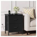 Vagusicc Nightstand with Charging Station, Bedside Table with USB Ports and Outlet, End Table Side Table with 2 Fabric Drawers for Bedroom, Living Room, Black