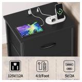 Vagusicc Nightstand with Charging Station, Bedside Table with USB Ports and Outlet, End Table Side Table with 2 Fabric Drawers for Bedroom, Living Room, Black
