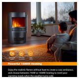 Retails for $200! Freestanding Electric Fireplace Stove, 1500W Heater with Realistic 3D LED Log Flame, Adjustable Thermostat, 2 Heat Settings, Overheat Protection, Black Cast Iron Design for Indoor Us