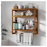 Over The Toilet Storage Bathroom Shelves Wall Mounted 3 Tier Space Saver Corner Shelf Organizer Bamboo Towel Rack Toilet Paper Cabinet with Hanging Rod Brown