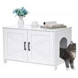 Homhedy Cat Litter Box Enclosure, Wooden Cat Washroom Furniture with Barn Door, Pet House, Fit Most of Litter Box, White