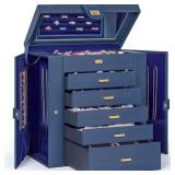 AKOZLIN Extra Large 6-Tier Jewelry Box Organizer Functional Huge, 5 Drawers Leather Jewelry Storage Case for Women Girls Ring Necklace Earring Bracelet Holder Organizer with Mirror Blue