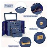 AKOZLIN Extra Large 6-Tier Jewelry Box Organizer Functional Huge, 5 Drawers Leather Jewelry Storage Case for Women Girls Ring Necklace Earring Bracelet Holder Organizer with Mirror Blue