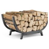 Firewood Rack - 25 inch Outdoor Indoor Metal Firewood Holder With Thickened Trapezoid Base-Double Coated Waterproof Rustproof Fireplace Firewood Stand, Black