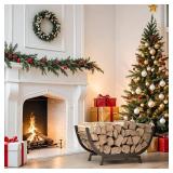 Firewood Rack - 25 inch Outdoor Indoor Metal Firewood Holder With Thickened Trapezoid Base-Double Coated Waterproof Rustproof Fireplace Firewood Stand, Black