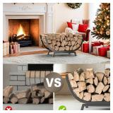 Firewood Rack - 25 inch Outdoor Indoor Metal Firewood Holder With Thickened Trapezoid Base-Double Coated Waterproof Rustproof Fireplace Firewood Stand, Black