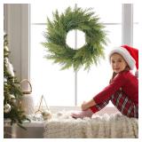 20 Green Faux Norfolk Pine Christmas Winter Wreath Mixed with Real Touch Fake Cypress, Cedar & Spruce, Xmas Wreaths for Front Door Porch Mantel & Fireplace