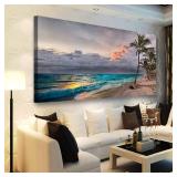 Beach Pictures Wall Art Canvas Prints Seascape Poster Bathroom Decor Blue Ocean Green Tree Painting for Living Room Bedroom Home Kitchen Decoration 20x40 Wooden Frame Natural Landscape Artwork