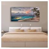 Beach Pictures Wall Art Canvas Prints Seascape Poster Bathroom Decor Blue Ocean Green Tree Painting for Living Room Bedroom Home Kitchen Decoration 20x40 Wooden Frame Natural Landscape Artwork