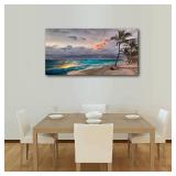 Beach Pictures Wall Art Canvas Prints Seascape Poster Bathroom Decor Blue Ocean Green Tree Painting for Living Room Bedroom Home Kitchen Decoration 20x40 Wooden Frame Natural Landscape Artwork
