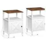 Set of 2 Farmhouse Nightstand with Charging Station, White Bedside Table with USB&Type-C Ports and Outlets, End Table with Storage, Night Stand for Bedroom, White and Rustic Brown