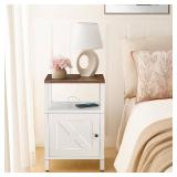 Set of 2 Farmhouse Nightstand with Charging Station, White Bedside Table with USB&Type-C Ports and Outlets, End Table with Storage, Night Stand for Bedroom, White and Rustic Brown