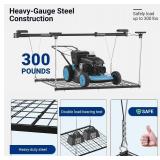 Retails for $180! FLEXIMOUNTS GL1 Overhead Garage Lifting Storage Rack, 4x4 Ft Heavy-Duty Metal Garage Ceiling Rack, Adjustable Organization System With 71'L Axle, 300lbs Weight, Black