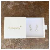 925 Sterling Silver Cubic Zirconia Dangle Crescent Moon and Star Opal Drop Earrings