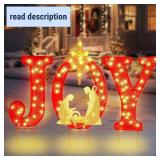 Christmas Joy Yard Decoration, 90 LED Lighted Outdoor Nativity Set 33inch Lawn Religious Scene Decor with Timer and 8 Lighting Modes for Patio Garden Xmas Party Home, Ground Stakes - Red/Golden