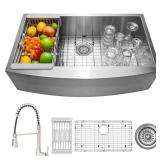 AKDY Handmade All-in-One Farmhouse Stainless Steel 33 in. x 22 in. Single Bowl Kitchen Sink Spring Neck Faucet  Accessories- Retail: $399