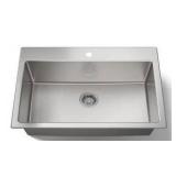 Stainless Steel 1 Hole Center Drain Sink, 33 W x 22 D x 8 3/4 H Inch- Retail: $429